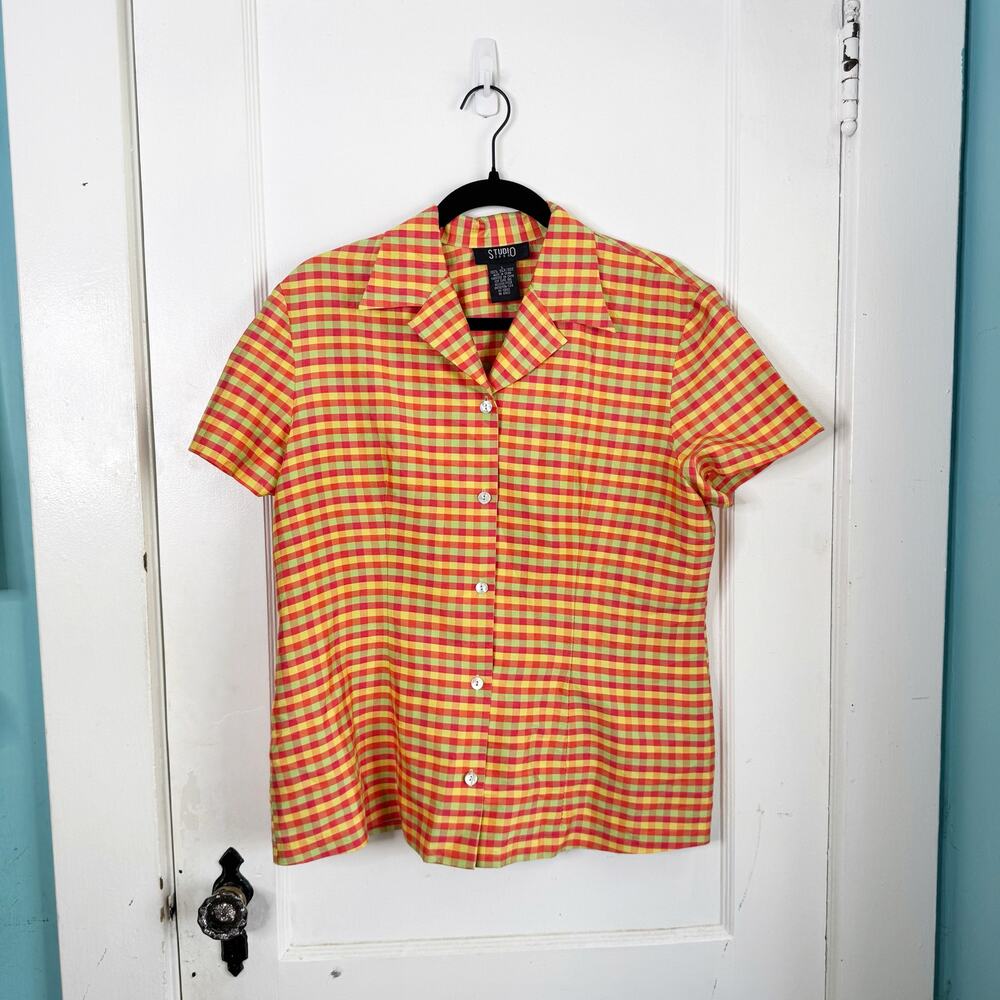 VTG 100% Silk Brightly Checkered Collared Button Down Short Sleeve Shirt Size L